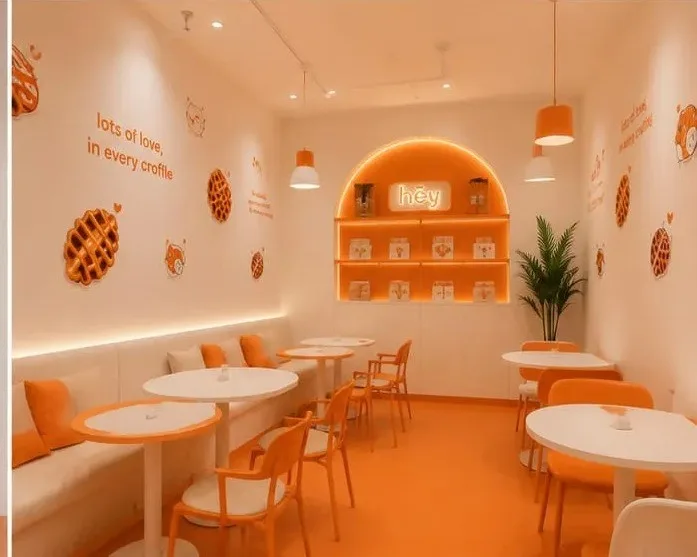 Hey Croffles café seating with orange chairs and a glowing arch