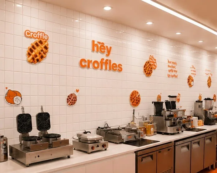 Open kitchen with croffle irons and Hey Croffles wall signage